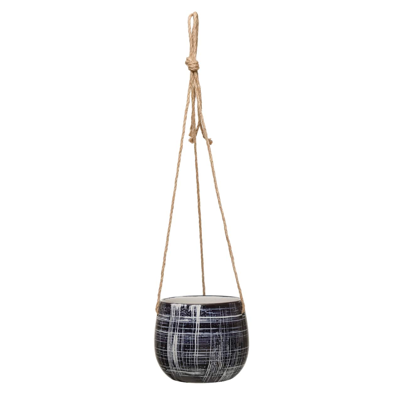 5&#x22; Blue Pattern Hanging Stoneware Planter with Jute Hanger